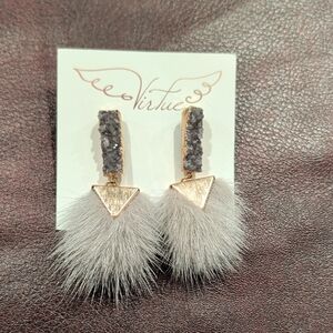 Virtue Gray Faux Fur Drop Earrings with Druzy and Gold-Tone Triangle